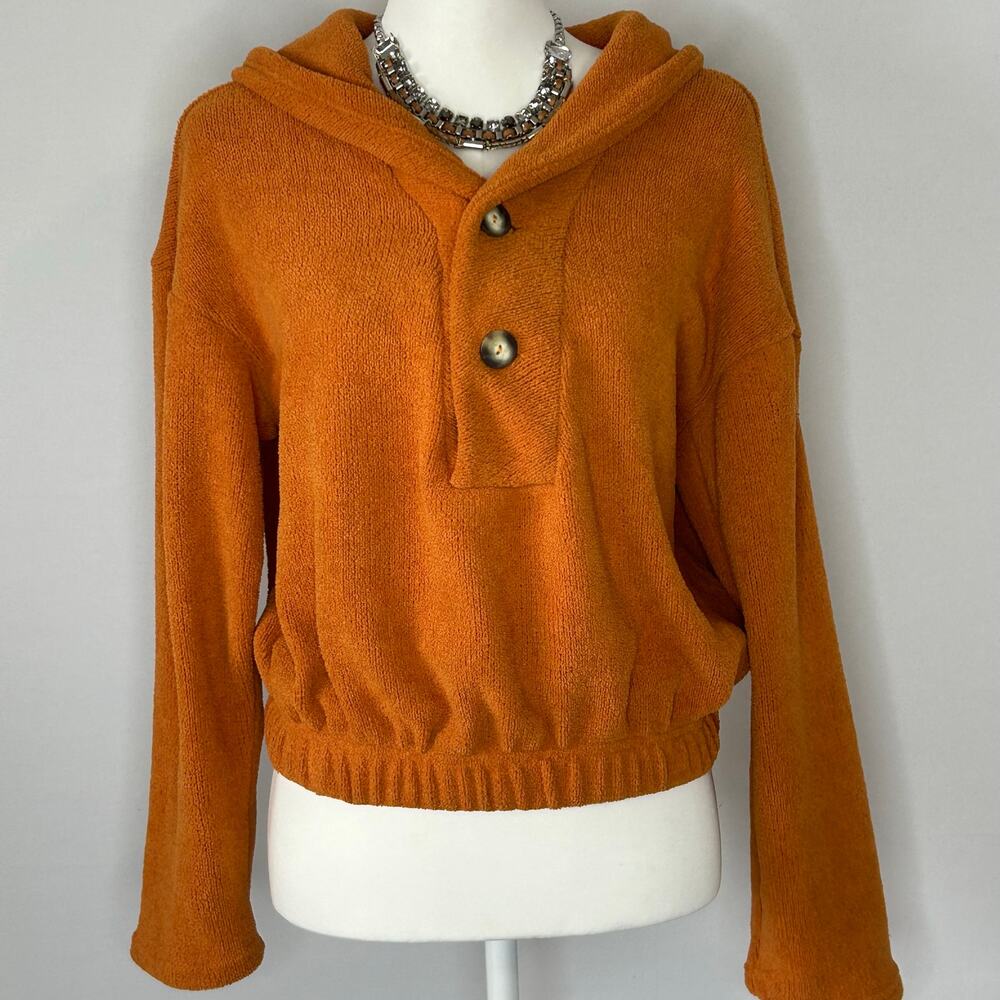 FP Beach Orange Textured Cropped Hoodie Sweater Cozy Boho Pullover XS